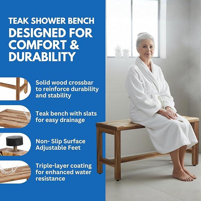 EcoDecors Eleganto 35 Inch Natural Color Waterproof Teak Wood Shower Bench Stool Seat Chair For Inside Shower Provides Safety, Storage, and Organization For Bathroom Accessories - ModernBath