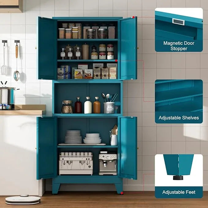 Metal Kitchen Pantry Cabinet, 69" Tall Storage Cabinet with 4 Doors and 3 Adjustable Shelves, Freestanding Cupboards for Dining Room, Living Room, Bathroom (Blue, 69" H) - ModernBath
