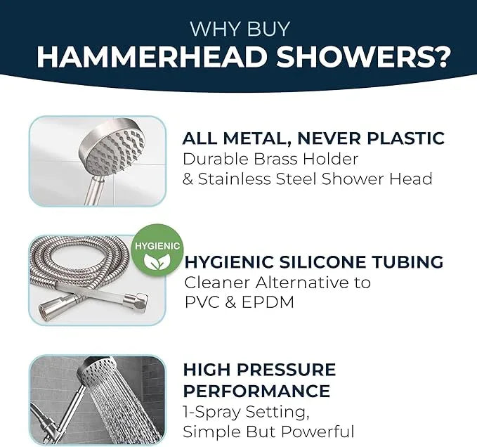 HammerHead Showers® Solid Metal LOW FLOW Handheld Shower Head with Hose and Brass Holder - BRUSHED NICKEL – Water Saving 1.75 GPM Detachable Shower Head - Adjustable Shower Wand Bracket & 6ft Hose - ModernBath