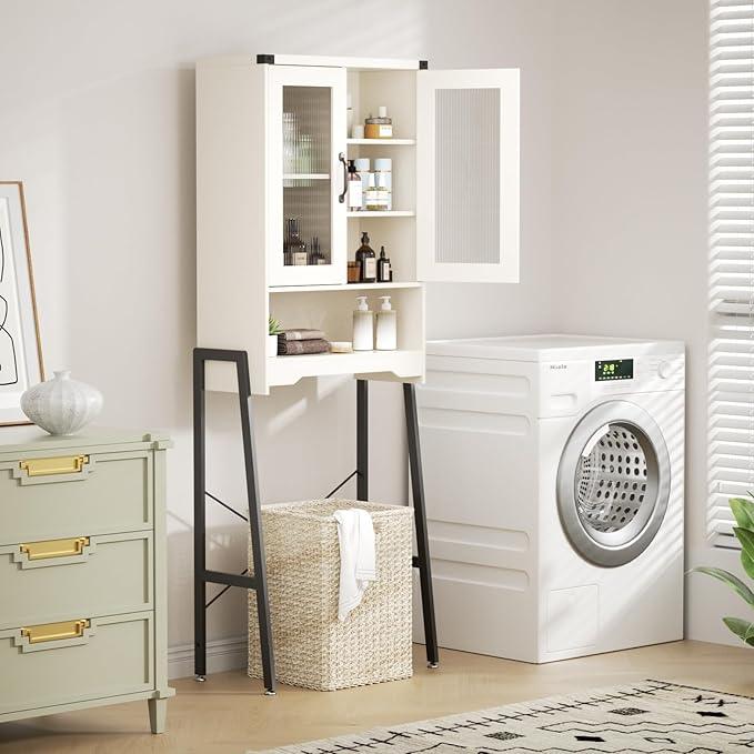 Over The Toilet Storage Cabinet with Tempered Glass Doors & Adjustable Shelf, Bathroom Organizers and Storage with Metal Stand Space Saver Over Toilet Organizer, Tall Freestanding Rack, White - ModernBath