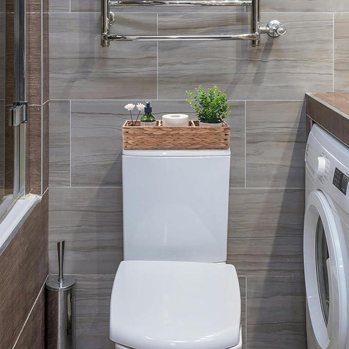 Water Hyacinth Toilet Tank Basket for Toilet Paper Rolls Wicker Baskets for Shelves Tampon Storage for Bathroom 3 Dividers (Large Compartment 16.5inch x 5.5inch x 3.5inch) - ModernBath