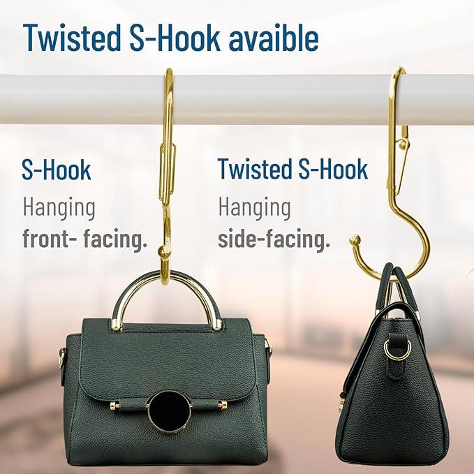 Blau Marité 6-Pack Metal S Hooks for Hanging – Heavy-Duty S-Shaped Hook with Safety Buckle – Fits Bars up to 1.2 in – Anti-Drop S-Hooks for Closet, Wardrobes & Storage – Golden (Large) - ModernBath