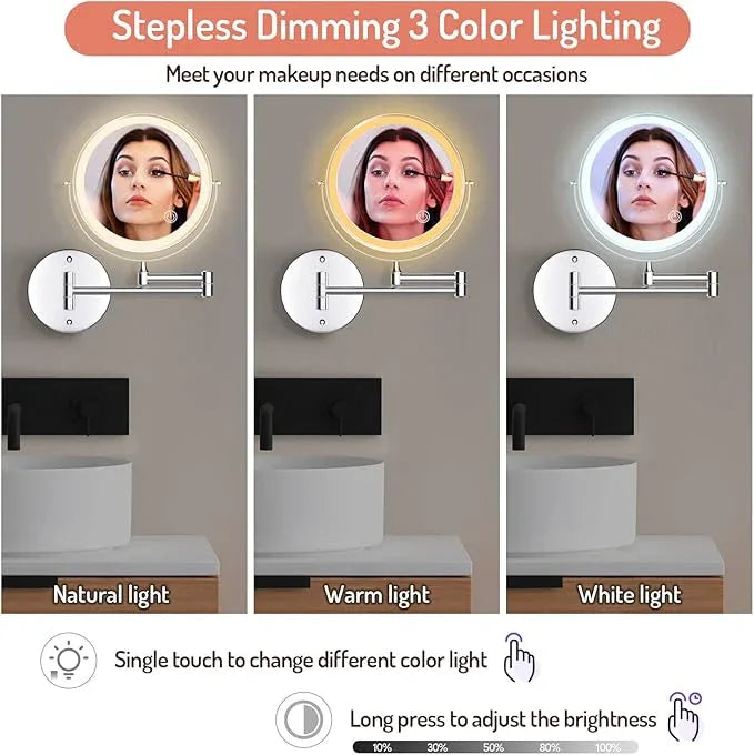 Rocollos Rechargeable Wall Mounted Lighted Makeup Mirror, 8 Inch Double-Sided LED Vanity Mirror 1X/7X Magnification,3 Color Lights Touch Screen Dimmable 360°Swivel 13 Inch Extendable - ModernBath