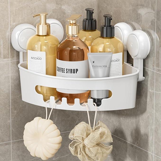 LEVERLOC Corner Shower Caddy Suction Cup, Shower Caddy Basket Powerful Suction Bathroom, Waterproof & Rustproof Organizer for Bathroom Storage, No-Drilling Removable (White) - ModernBath