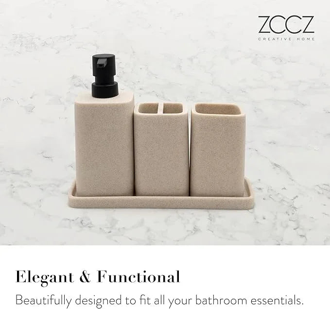 ZCCZ Black Bathroom Accessory Sets, 4 Pieces Bathroom Accessories Complete Set Vanity Countertop Accessory Set Marble Look, Includes Lotion Dispenser Soap Pump, Tumbler, Toothbrush Holder and Tray - ModernBath