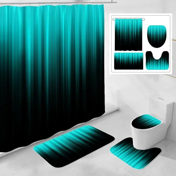 Litabel 4 Pcs Teal and Black Gradient Shower Curtain Set with Rugs and Toilet Lid Cover, Modern Simple Waterproof Fabric Bathroom Set, Ombre Stripe Gothic Abstract Bathroom Decor Set Accessories - ModernBath