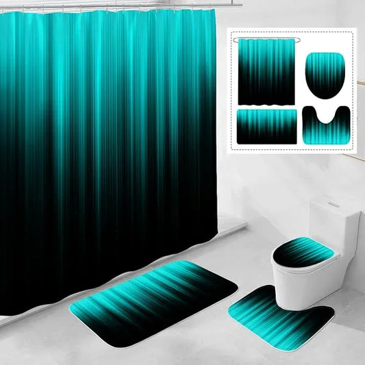Litabel 4 Pcs Teal and Black Gradient Shower Curtain Set with Rugs and Toilet Lid Cover, Modern Simple Waterproof Fabric Bathroom Set, Ombre Stripe Gothic Abstract Bathroom Decor Set Accessories - ModernBath
