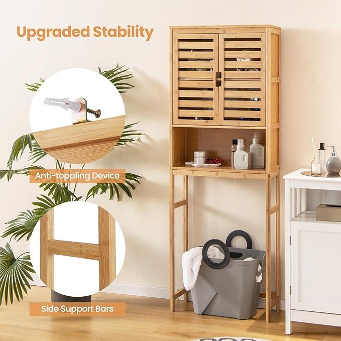 Giantex Over The Toilet Storage Cabinet, 3-Tier Bamboo Bathroom Space Saver with 2 Louver Doors, Open Shelf, Adjustable Bottom Bar, Over Toilet Bathroom Organizer for Laundry, Balcony, Restroom - ModernBath