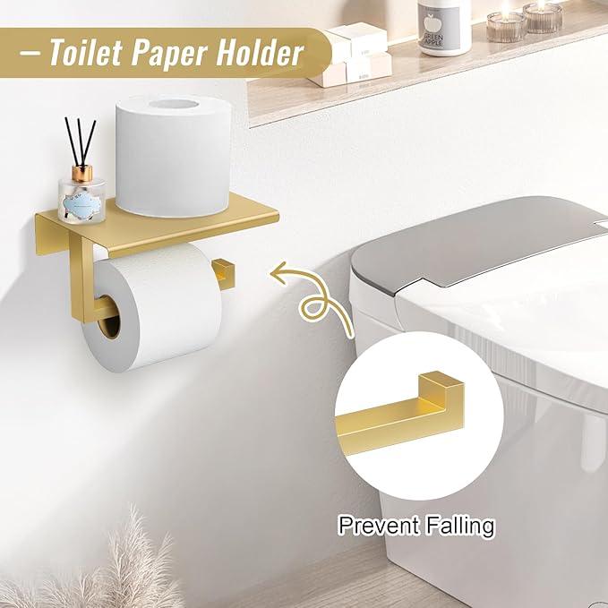 YACVCL Brushed Gold Bathroom Hardware Accessorie Set 23.6 Inch Towel Bar Set 5-Pieces Towel Rack&Holder Set for Bathroom,Upgraded Toilet Paper Holder with Shelf,Stainless Steel Wall-Mounted - ModernBath