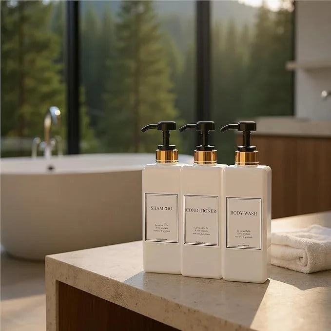 Shampoo and Conditioner Dispenser - Modern Gold Design Large 27oz Shower Soap Dispenser Set of 3, Refillable Empty Plastic Pump Bottles for Bathroom, 6 Waterproof Labels Included, Black - ModernBath