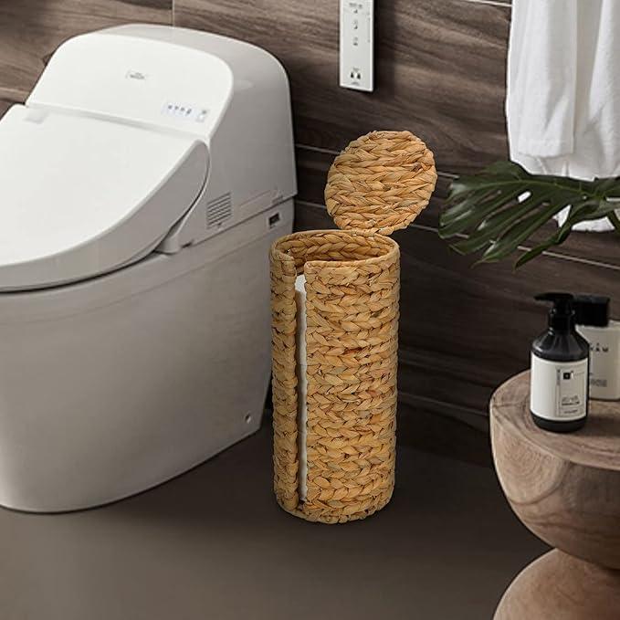 Stand Paper Storage with Lid Spare Extra 3 Rolls of Toilet Tissue Holder Free Standing Water Hyacinth Wciker Toilet Paper Organizer Basket for Bathroom - ModernBath