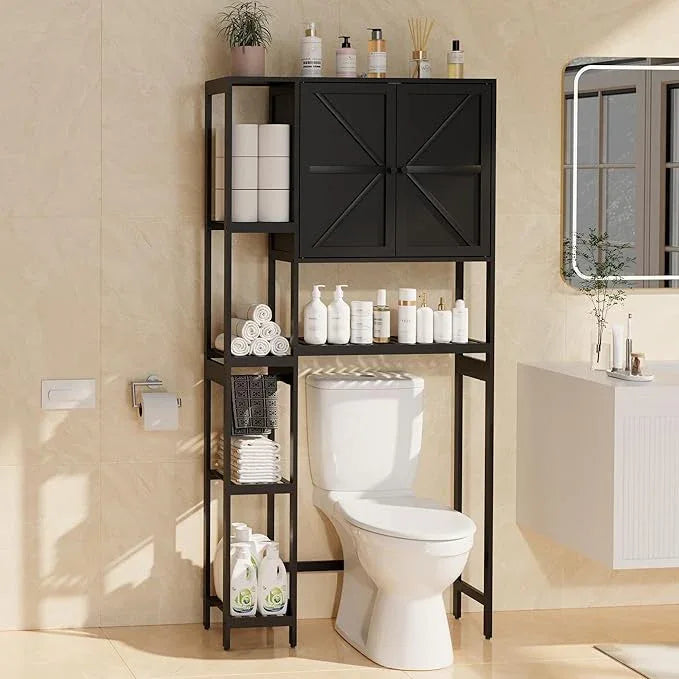 Bamboo Over The Toilet Storage, Above Toilet Organizer Storage Shelf Stand, Tall Freestanding Behind Toilet Rack, Tiered Bathroom Space Saver Shelving, Easy Assembly (Black) - ModernBath
