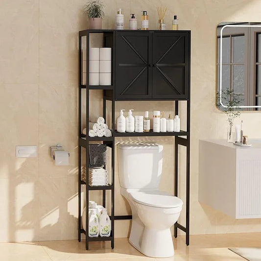 Bamboo Over The Toilet Storage, Above Toilet Organizer Storage Shelf Stand, Tall Freestanding Behind Toilet Rack, Tiered Bathroom Space Saver Shelving, Easy Assembly (Black) - ModernBath