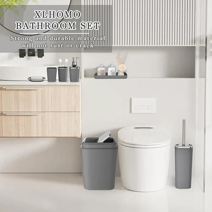 XLHOMO Grey Bathroom Accessories Sets Complete, 9-Piece Bathroom Accessories with Trash Can, Vanity Tray, Soap Dispenser, Soap Dish, Toothbrush Holder, Toothbrush Cup, Toilet Brush and Qtip Holders - ModernBath