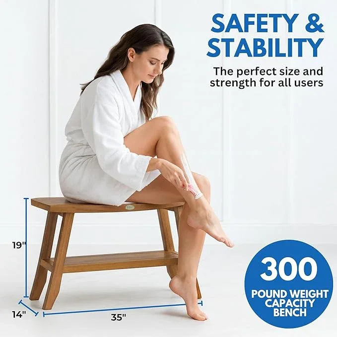 EcoDecors 34 Inch Satori Natural Teak Waterproof Teak Wood Shower Bench Stool Seat Chair For Inside Shower Provides Safety, Storage, and Organization For Bathroom Accessories - ModernBath