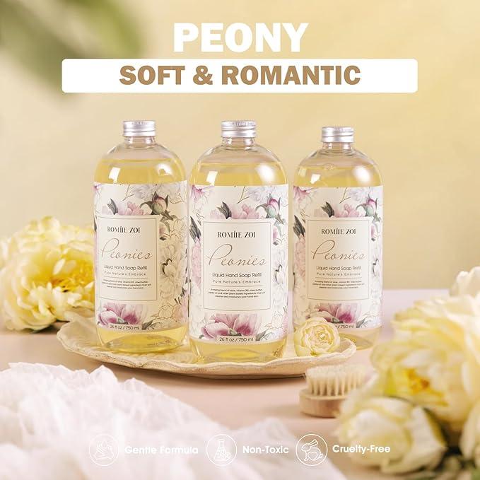 ROMIIE ZOI Liquid Hand Soap Refills Gift Set – Peony Scent – 3 x 26 Fl Oz Bottles – Plant-Based, Non-Toxic, Gentle & Moisturizing Formula with Essential Oils – for Bathroom, Kitchen & Home Gifting - ModernBath