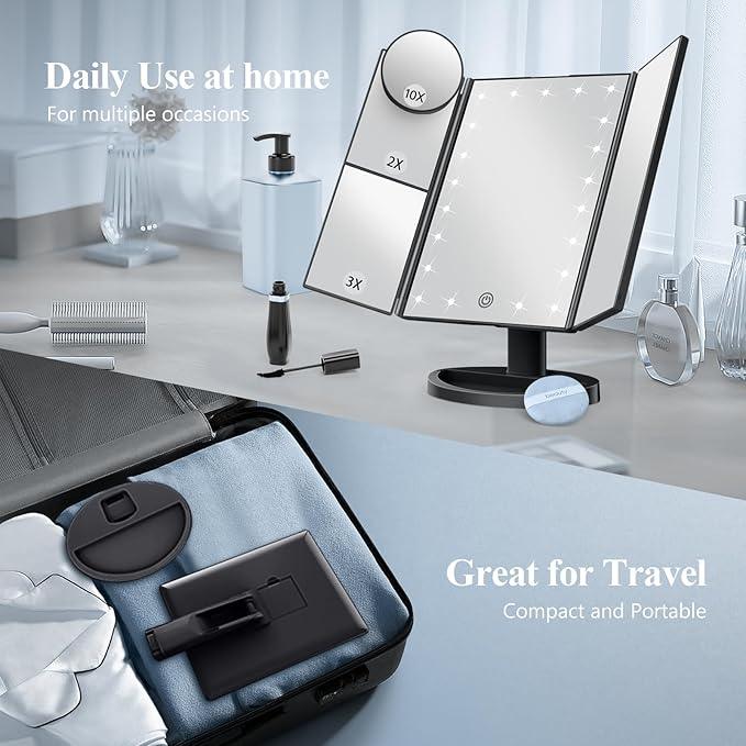 HUONUL Makeup Mirror Vanity with Lights, 2X 3X 10X Magnification, Touch Control, Trifold Mirror, Dual Power Supply, Gifts for Women, Wife, Mom, Teengirls(Black) - ModernBath