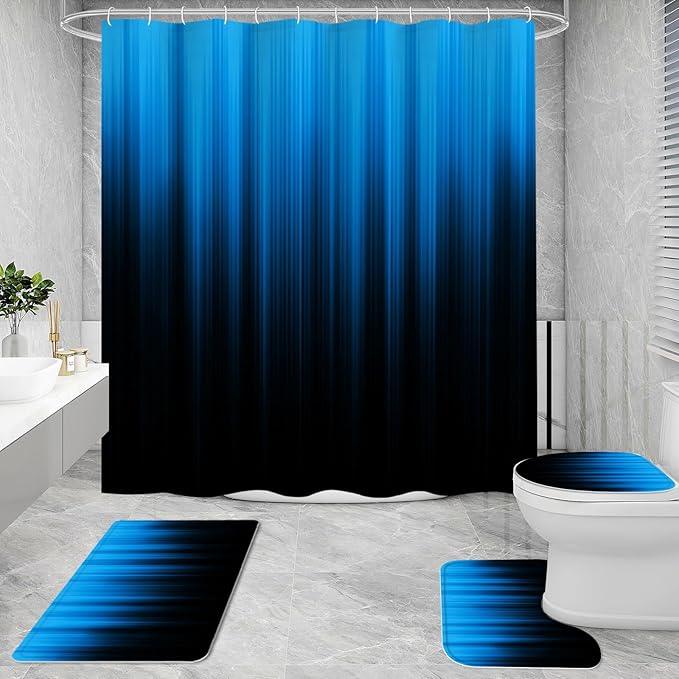 Litabel 4 Pcs Blue and Black Gradient Shower Curtain Set with Rugs and Toilet Lid Cover, Modern Simple Waterproof Fabric Bathroom Set, Ombre Stripe Gothic Abstract Bathroom Decor Set Accessories - ModernBath