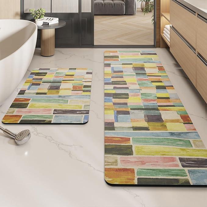 MontVoo -Bath Mat-Non Slip Thin Bathroom Rugs Fit Under Door- Quick Dry Absorbent Faux Suede Surface Grey Bathroom Floor Mats-Shower Rug for in Front of Bathtub Shower Colorful Plaid 16x24 - ModernBath