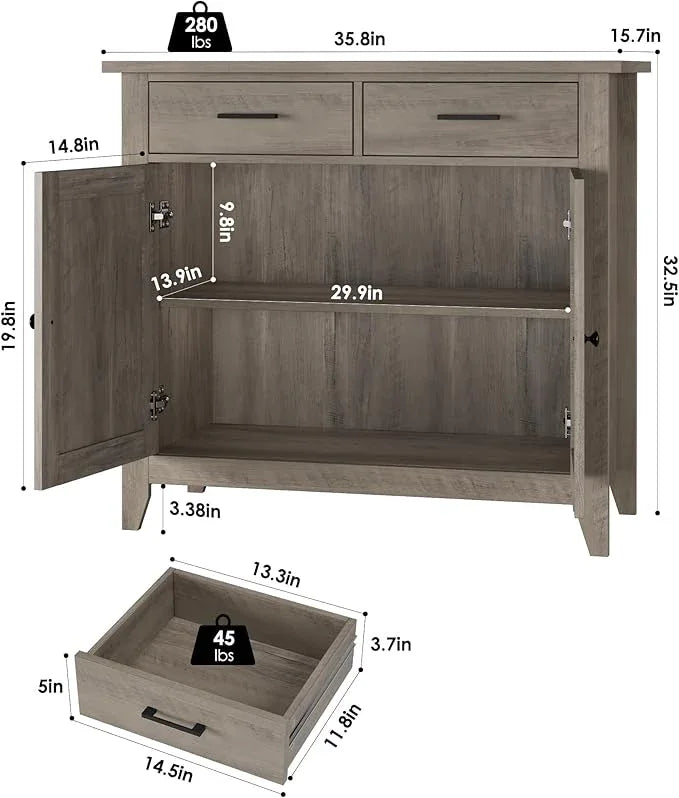 HORSTORS Kitchen Storage Cabinet, Modern Farmhouse Buffet Cabinet with Storage, Coffee Bar with 2 Drawers and 2 Doors, Floor Sideboard Buffet for Living Room, Dining Room, Bathroom, Grey - ModernBath