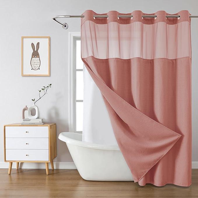 eachope Coral No Hook Waffle Weave Shower Curtain with snap-in Liner Replacement, 230GSM Waterproof Fabric Hotel Shower Curtain Set for Bathroom, Through Mesh Top Window,71Wx86H - ModernBath