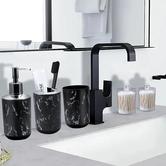 XLHOMO Black Marble Bathroom Accessories Set, Black Bathroom Set with Trash Can, Vanity Tray, Soap Dispenser, Soap Dish, Toothbrush Holder, Toothbrush Cup, Toilet Brush and Qtip Holders for Bathroom - ModernBath