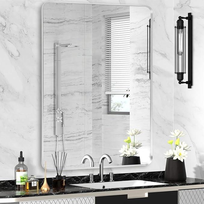 Minuover Silver Framed Bathroom Mirror, Brushed Nickel Large Rounded Corner Rectangle Wall Mirror, Tempered Glass, Shatter Proof, Anti-Rust, Hangs Horizontally or Vertically (28" x 36", Silver) - ModernBath