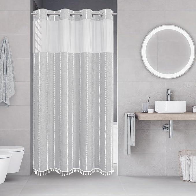 eachope No Hook Stall Shower Curtain with Snap-in Fabric Liner - 54x80 Heavy-Duty Linen Textured Striped Design,Narrow Rustic Modern Farmhouse Bohemian Bathroom Curtain,Water-Repellent,Grey/Gray - ModernBath