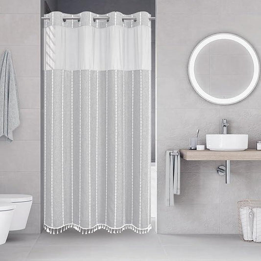 eachope No Hook Stall Shower Curtain with Snap-in Fabric Liner - 54x80 Heavy-Duty Linen Textured Striped Design,Narrow Rustic Modern Farmhouse Bohemian Bathroom Curtain,Water-Repellent,Grey/Gray - ModernBath