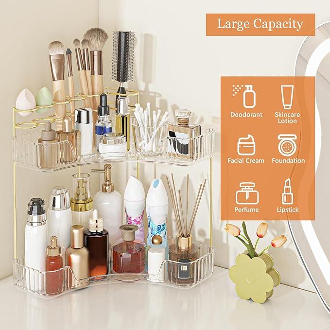 Webetop Corner Makeup Organizer for Vanity, 2 Tier Bathroom Cosmetics Organizer Countertop with Make up Brush Holder Corner Counter Storage Skincare Organizer for Bathroom Dresser Toiletry(Clear) - ModernBath