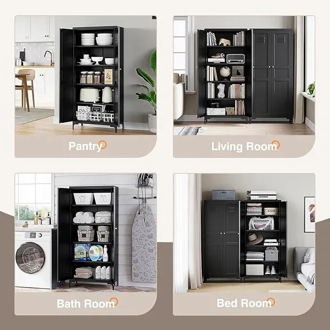 Yizosh Metal Pantry Cabinet,Tall Kitchen Pantry Storage Cabinet with Doors and Adjustable Shelves - 61" Black Cupboard Cabinet for Kitchen, Living Room,Dining Room,Home - ModernBath