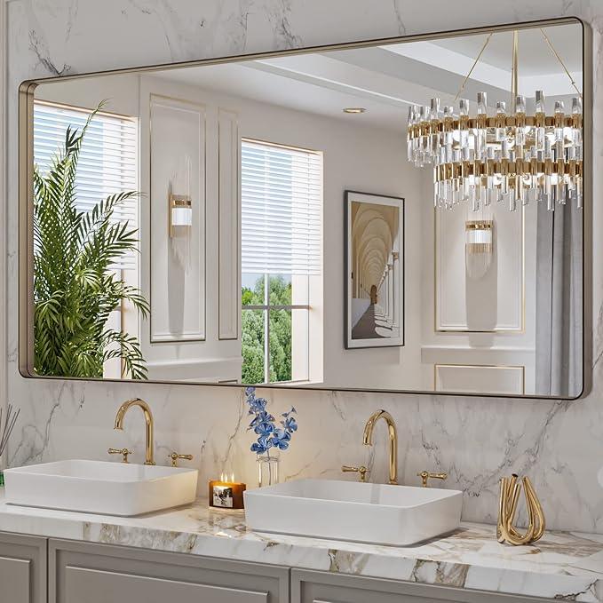 LOAAO 72”X36” Bronze Bathroom Mirrors for Vanity, Rounded Rectangle Brushed Bronze Metal Frame Mirror, Anti-Rust, Tempered Glass, Hangs Horizontally or Vertically - ModernBath