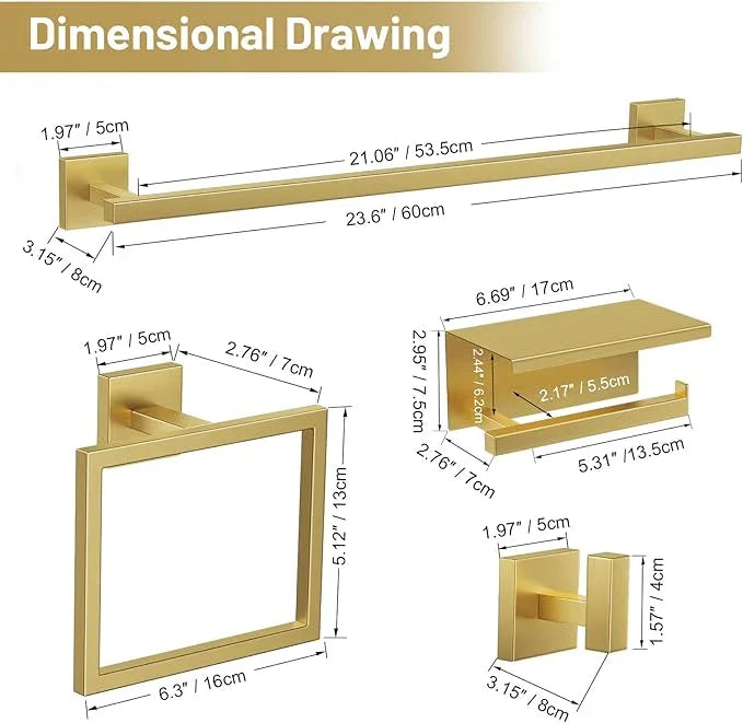 TURS Brushed Gold 5 Pieces Bathroom Hardware Set, SUS304 Stainless Steel 23.6 Inch Bath Towel Bar Set, Square Bathroom Accessories Kit Wall Mounted - ModernBath