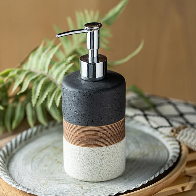 Cormomu Dish Soap Dispenser Set with Silicone Funnel, Hand Soap, Shampoo, Body Wash, Ceramic Liquid Soap Dispenser for Kitchen and Bathroom Countertops, Stainless Steel Pump, Non Slip, 12 Oz, Black - ModernBath