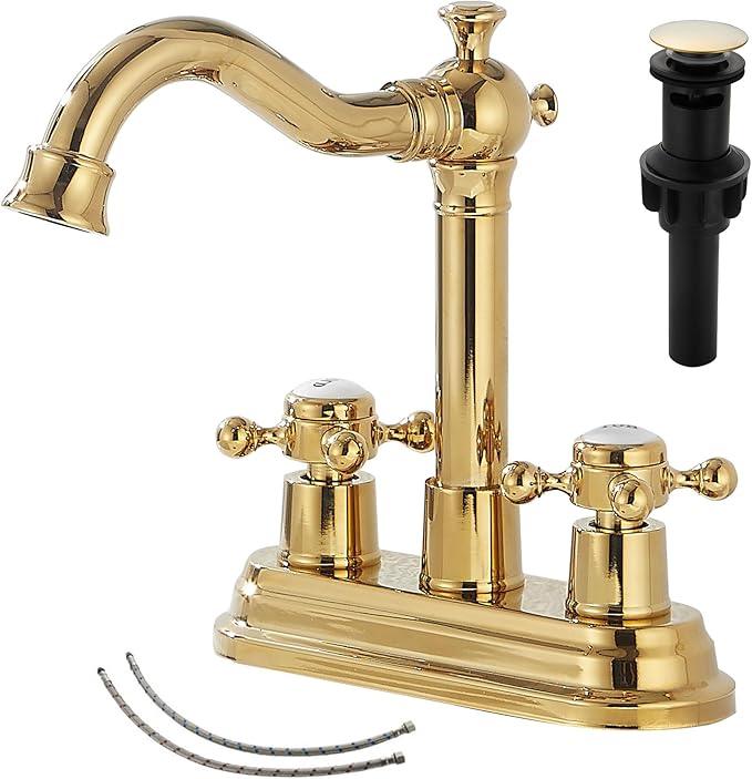 GGStudy Bathroom Faucet Polished Gold 2 Handles 4 Inches Centerset Bathroom Vanity with Drain Assembly and Supply Hose Lavatory Faucet - ModernBath