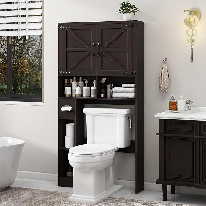 Vabches Over The Toilet Storage Cabinet, Farmhouse Storage Cabinet Over Toilet with 2 Barn Doors & Toilet Paper Holder Stand，Home Space-Saving Toilet Rack, for Laundry, Restroom, Bathroom.Walnut - ModernBath