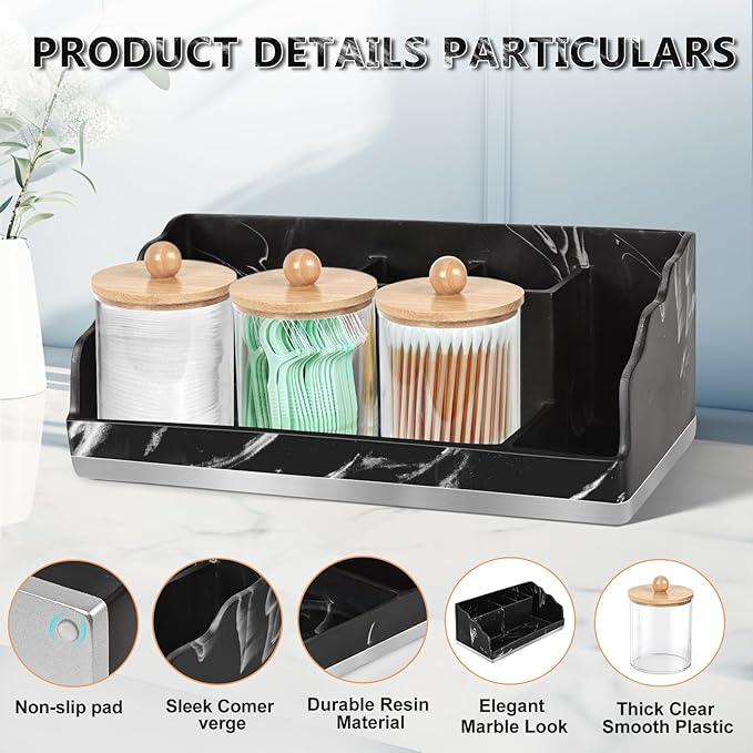 TuCao Marble Bathroom Countertop Organizer, Toothbrush Holders for Bathroom with 3PCS Qtip Holder Dispenser and Toothpaste Holder Drainage for Bathroom Accessories Organization Counter Vanity Storage - ModernBath
