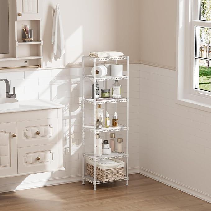 SINGAYE 6 Shelves Storage Shelf Wire Closet Bathroom Organizers Metal Pantry Kitchen Small Garage Shelving Unit Laundry Room Organization Home Corner Rack Estantes para Cocina White 10" Dx16 Wx60”H - ModernBath