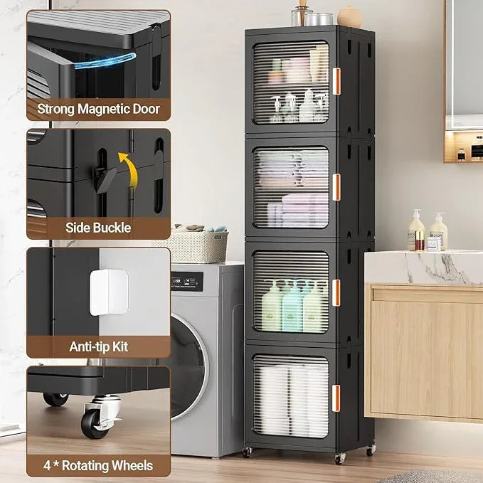 BROVIEW 4-Tier Tall Narrow Storage Cabinet 14.6” Wide, Slim Bathroom Cabinets with Adjustable Shelves and Doors, Plastic Kitchen Pantry Organizers and Storages for Small Space, Laundry, Black - ModernBath