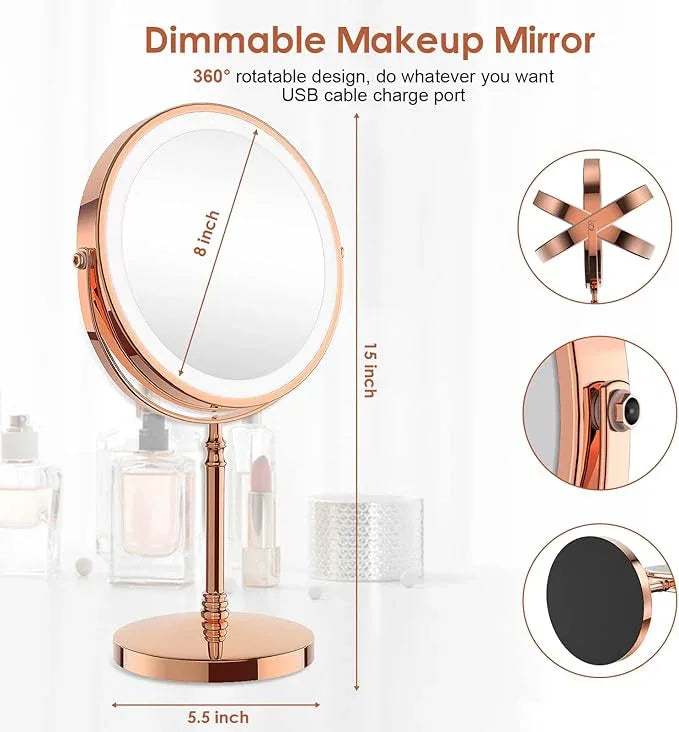 Lighted Makeup Mirror, 3000 mAh Rechargeable Double Sided Magnifying Vanity Mirror with 3 Colors, 1x/10x, 360° Rotation , Brightness Adjustable Magnification Cosmetic Light up Mirror, Women Gift - ModernBath