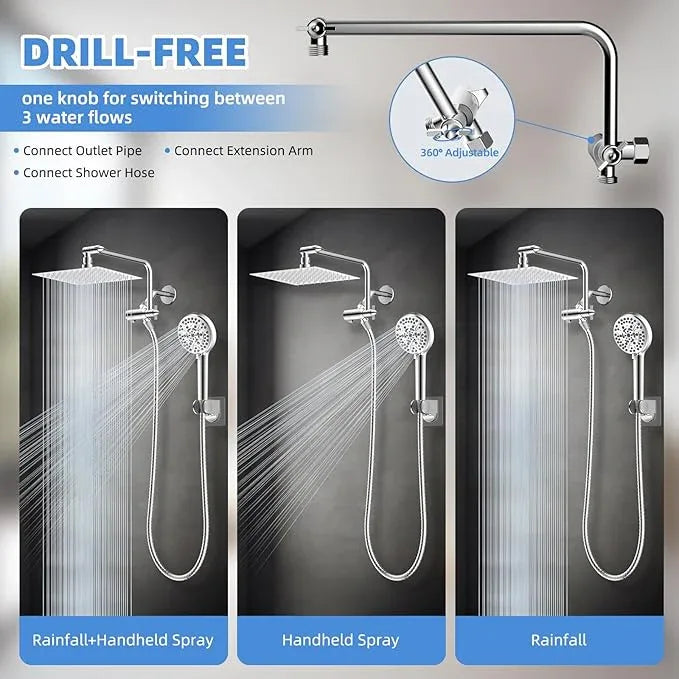 All Metal Shower Head, 8" High Pressure Rainfall/Handheld Shower Combo with 11" Extension Arm, 10-Spray Handheld Showerhead, 71" Long Hose, 3-Way Diverter Valve, Chrome - ModernBath