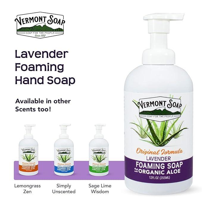 VERMONT SOAP Organic Lavender Foaming Hand Soap - Natural Moisturizing Soap for Dry Skin - Fragrance Free Liquid Bathroom Hand Soap Dispenser - Lavender - 12 oz - ModernBath