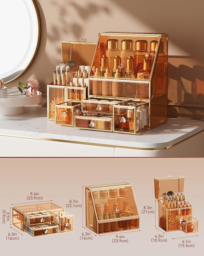 CoralHouse Makeup Organizer Amber,Glass Vanity Organizer for Skincare, Lipsticks, Perfume, Makeup Brushes – Countertop Cosmetic Storage Box for Women, Bathroom & Dresser - ModernBath
