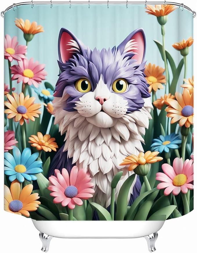 LYFANS Bathroom with Purplish White Cat 3D Shower Curtains, Luxury Bathtub Standard Shower Curtain, Waterproof and Bright Fabric Shower Curtain Size (72x72 Inches) - ModernBath