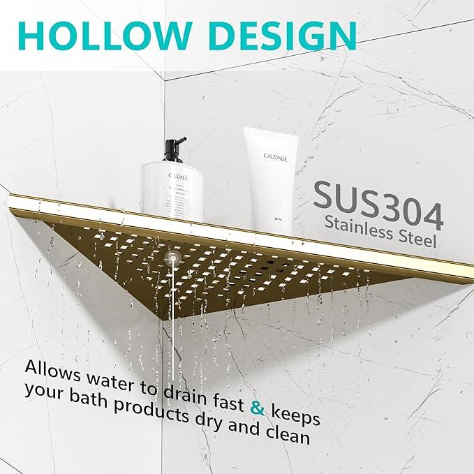 Bathroom Corner Shelf, Recessed 10" Shower Shelf Caddy, SUS304 Stainless Steel Shelf Wall Mount Triangular, No Drilling, Brushed Golden - ModernBath