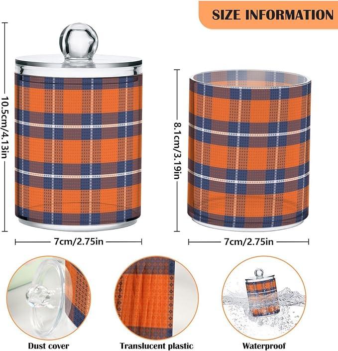 Qtip Holder Bathroom Set Q tip Cotton Ball Swab Pad Dispenser Container Organizer Plastic Jars with Lids Storage 2Pack Retro Tartan Plaid Orange and Blue - ModernBath