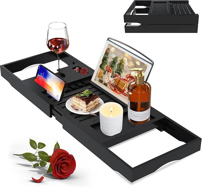 Luxury Bathtub Caddy Tray for Tub - Foldable Bamboo Bath Table Tray with Book and Wine Glass Holder, Expandable Bathroom Accessories for Spa or Reading Lite Style,Black - ModernBath