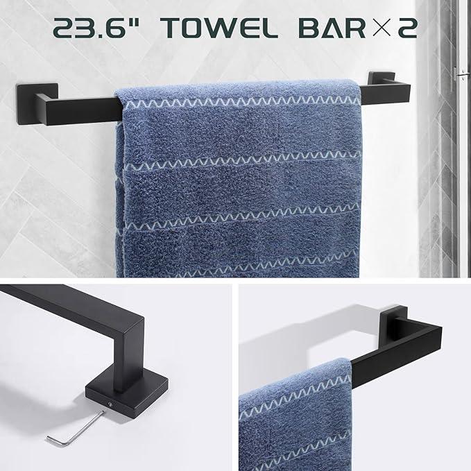 Matte Black Bathroom Hardware Set Towel Bar Set Black Bathroom Hardware Accessories Set with Towel Bars, Stainless Steel Wall Mounted Bathroom Towel Rack Set Square - ModernBath