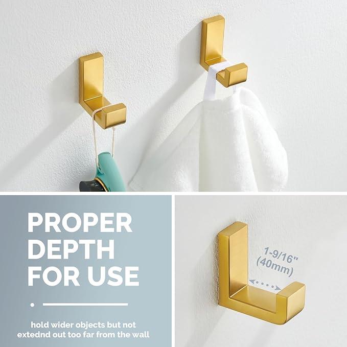 Angle Simple Towel Hook Brassy Gold 2 Pack, 304 Stainless Steel Robe Hook for Bathroom - ModernBath