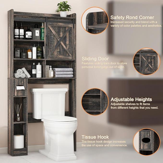 Over The Toilet Storage Cabinet, Farmhouse Storage Cabinet Over Toilet with Sliding Doors & Toilet Paper Holder Stand，Home Space-Saving Toilet Rack, for Bathroom, Laundry(Dark Grey) - ModernBath
